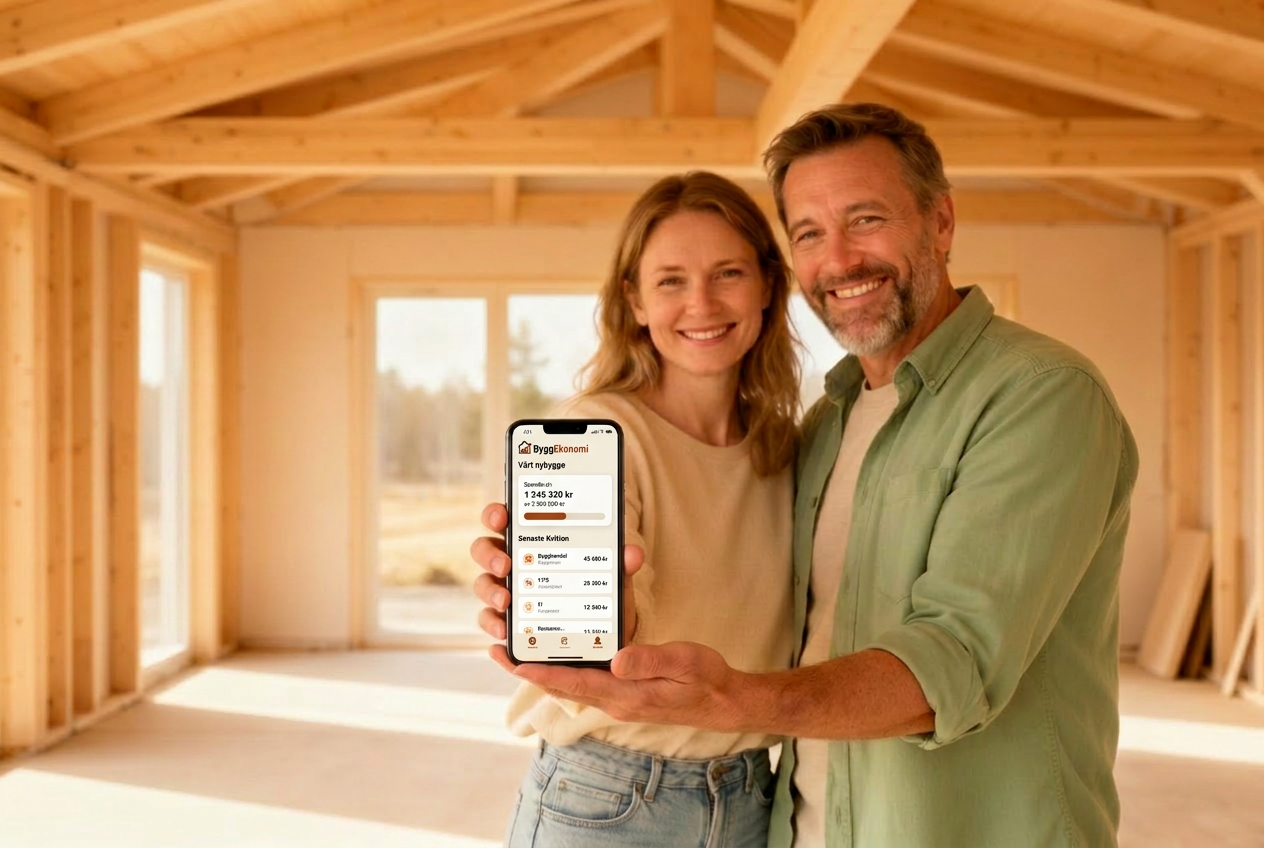 Par i sitt nybygge med ByggEkonomi-appen i mobilen